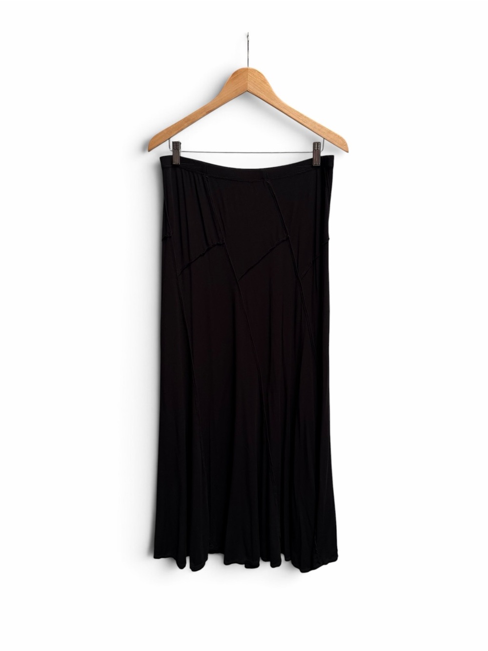Studio M Black Y2K Maxi Skirt L Stretch Viscose Paneled Seamed Flowy Long 40”